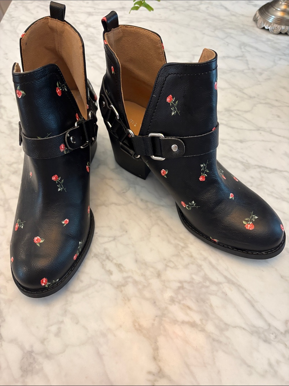 Madden Girl Black Ankle Booties with Red Rose Print